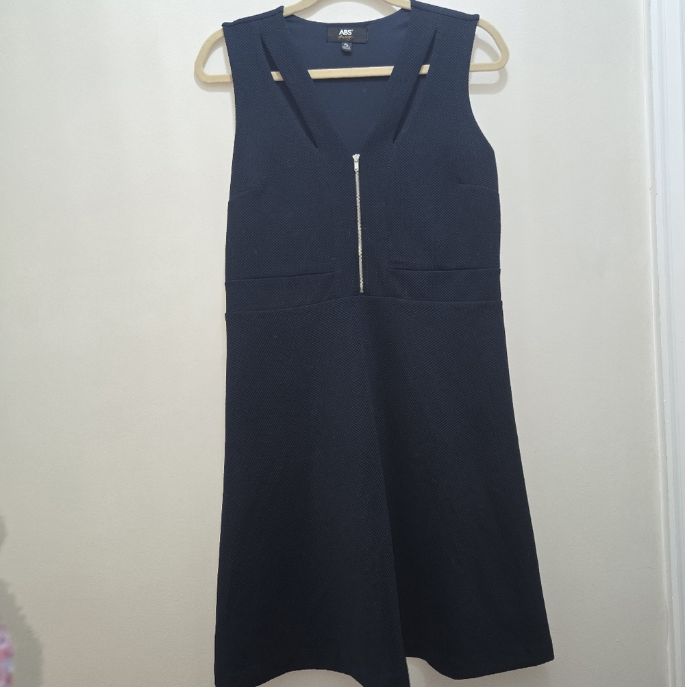 Navy Blue Textured Knit Zip Front [Petite Large] Casual Office Sleeveless Dress